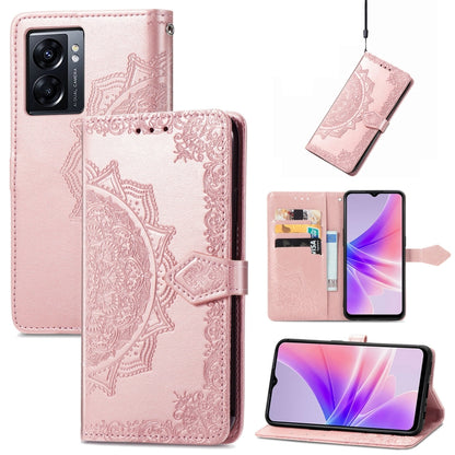 Rose pink embossed leather folio phone case with mandala pattern and card slot holder