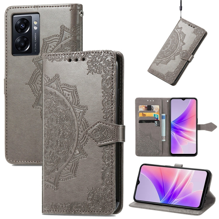Gray embossed leather folio phone case with mandala embossing and flip strap closure