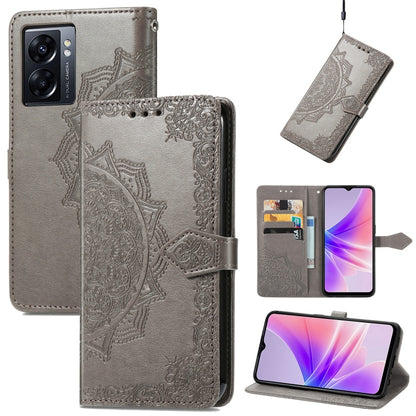 Gray embossed leather folio phone case with mandala embossing and flip strap closure