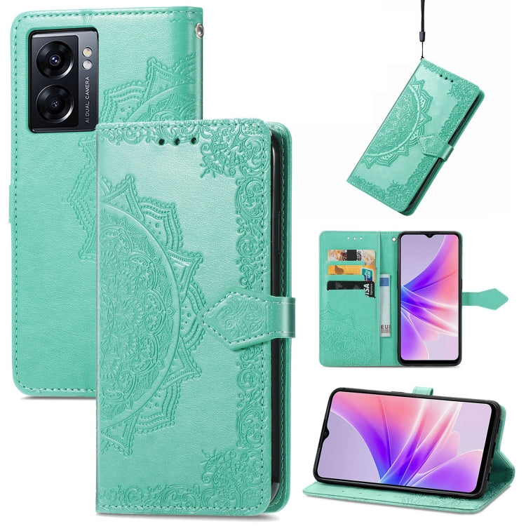 Green embossed leather folio phone case with mandala pattern and card slot pockets