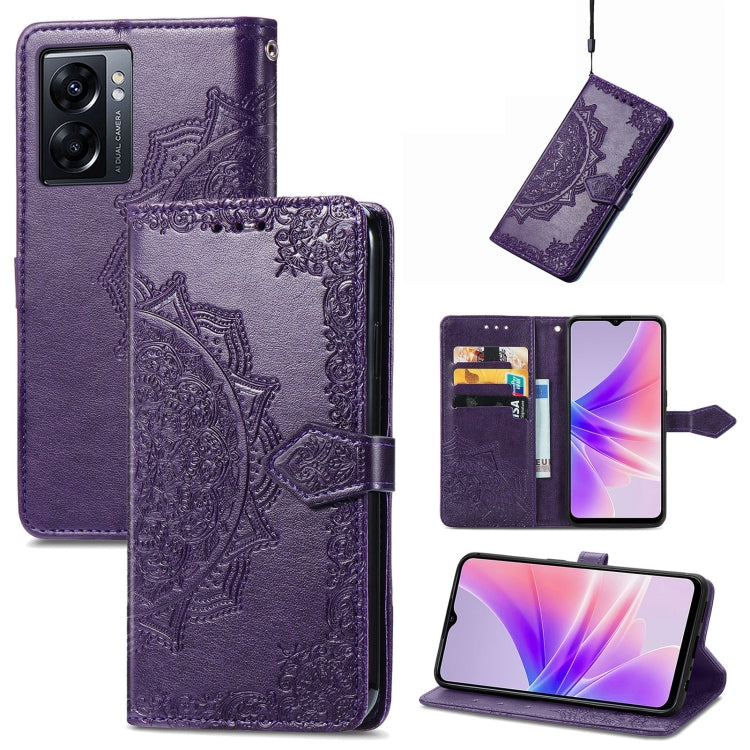 Purple embossed leather folio phone case with mandala embossing and card slot cutouts