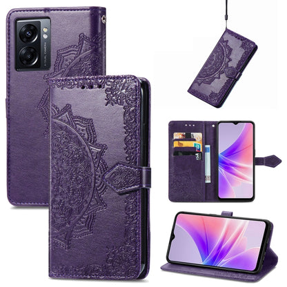 Purple embossed leather folio phone case with mandala embossing and card slot cutouts