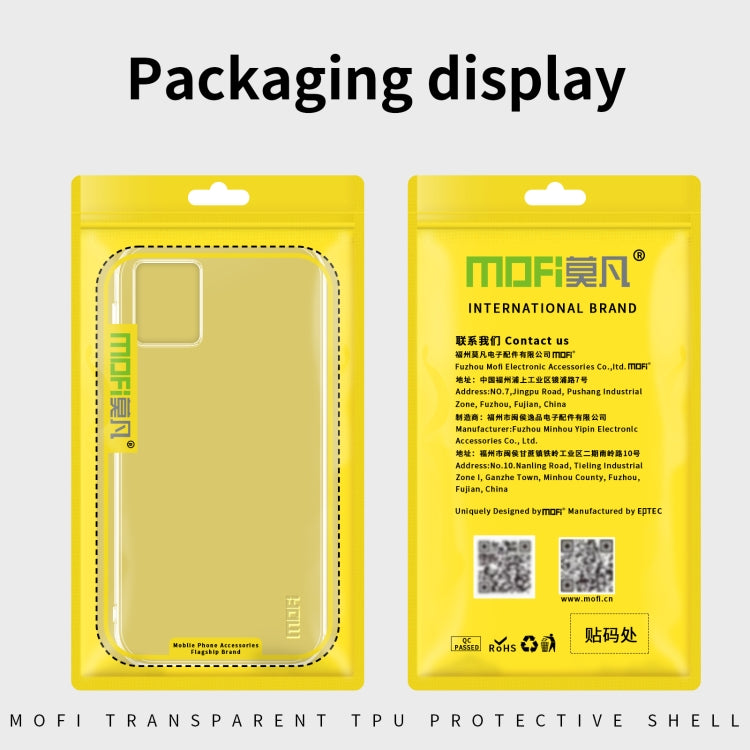 MOFI transparent TPU phone case packaging, two blister packs with yellow backing