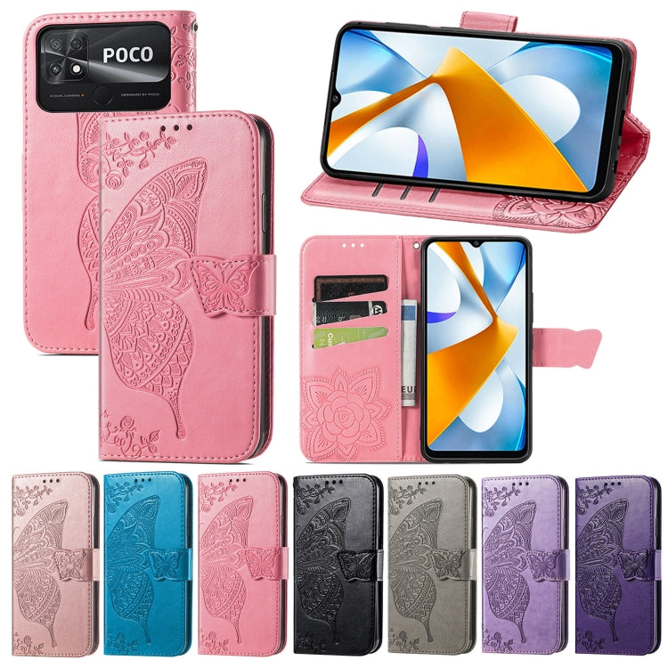 Butterfly Love Flower Embossed Flip Leather Phone Case, For Xiaomi Poco C40