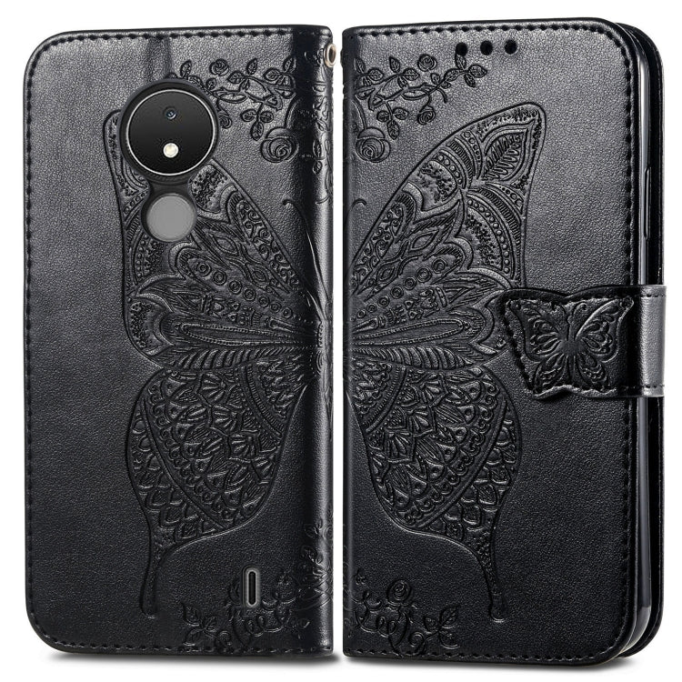 Black flip phone case with embossed butterfly and floral motifs, magnetic strap closure
