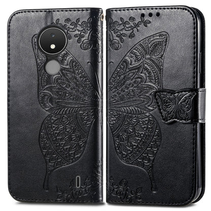 Black flip phone case with embossed butterfly and floral motifs, magnetic strap closure