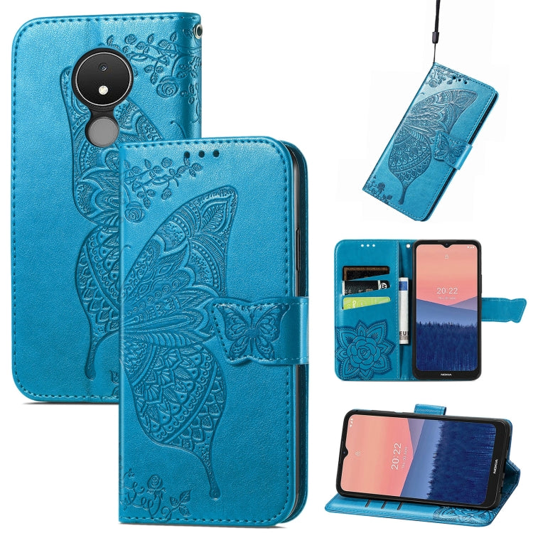 Blue flip phone case with embossed butterfly and floral rose pattern, leather wallet style