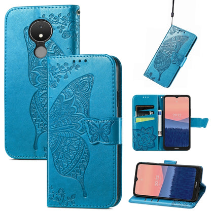 Blue flip phone case with embossed butterfly and floral rose pattern, leather wallet style