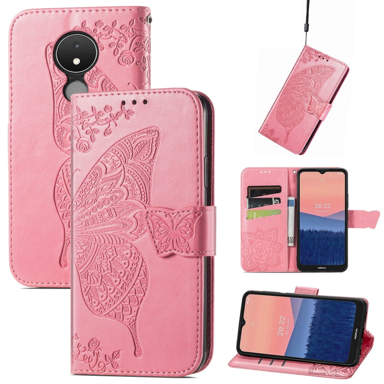 Pink flip phone case with embossed butterfly and floral design, cardholder pocket inside