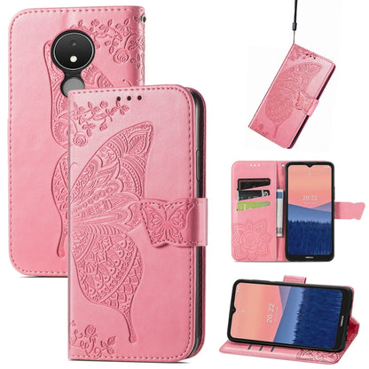 Pink flip phone case with embossed butterfly and floral design, cardholder pocket inside