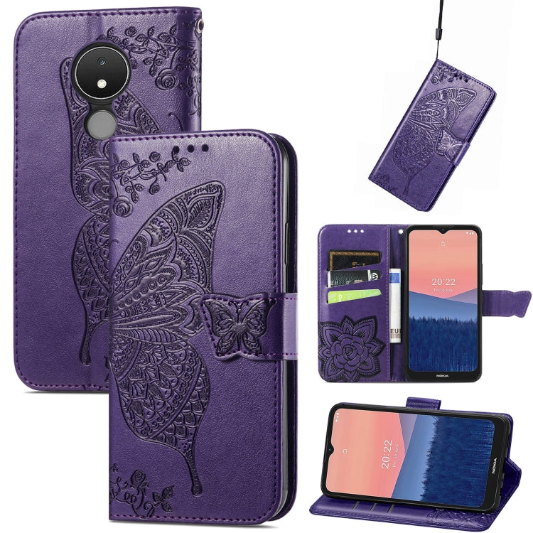Purple flip phone case with embossed butterfly and floral pattern, leather wallet style