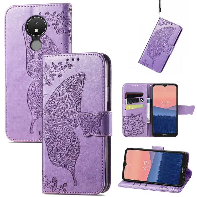 Light purple flip phone case with embossed butterfly and floral rose details, card slots visible