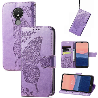 Light purple flip phone case with embossed butterfly and floral rose details, card slots visible