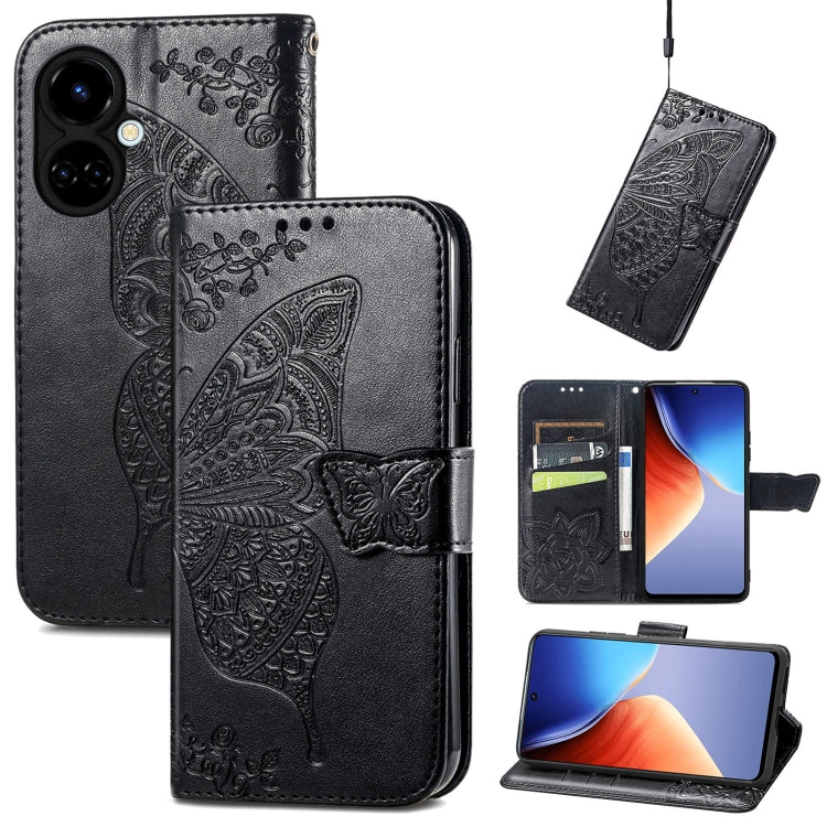 Black embossed flip leather-style phone case with butterfly and flower details, wallet flap