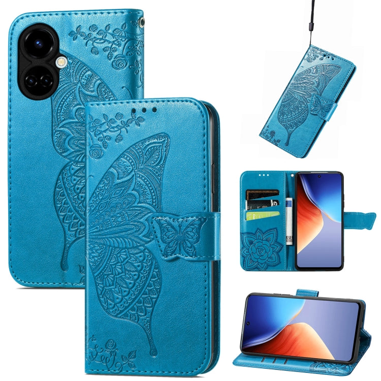 Blue embossed flip leather-style phone case with butterfly and flower details, wallet flap