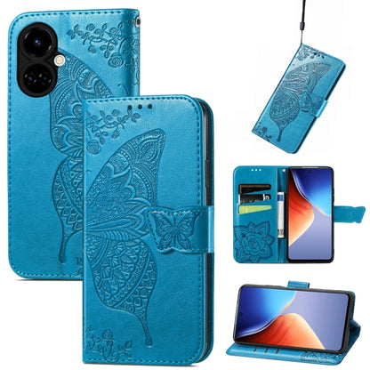 Blue embossed flip leather-style phone case with butterfly and flower details, wallet flap
