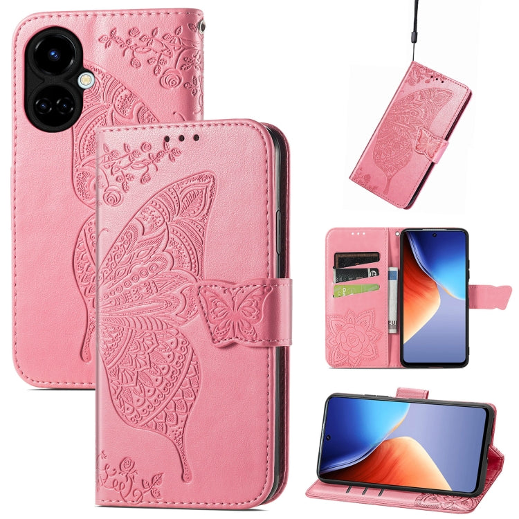 Pink embossed flip leather-style phone case with butterfly and flower details, wallet flap