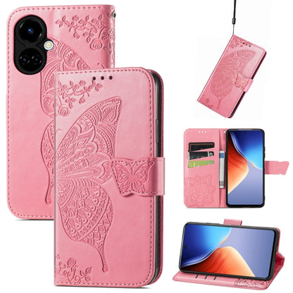 Pink embossed flip leather-style phone case with butterfly and flower details, wallet flap