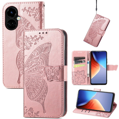 Rose-pink embossed flip leather-style phone case with butterfly and flower details, wallet flap
