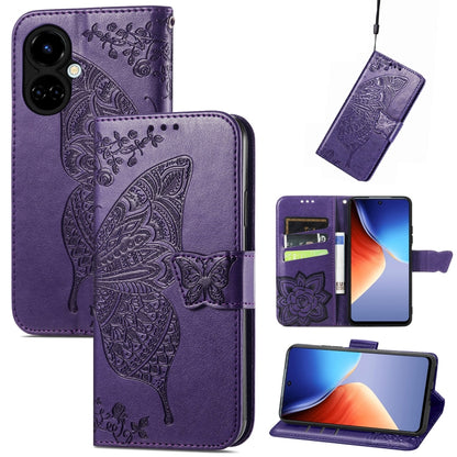 Purple embossed flip leather-style phone case with butterfly and flower details, wallet flap