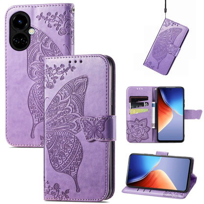 Light purple embossed flip leather-style phone case with butterfly and flower details, wallet flap