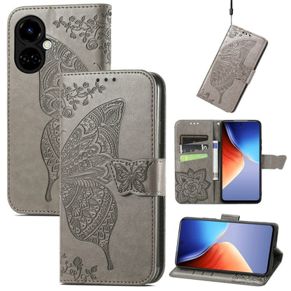 Gray embossed flip leather-style phone case with butterfly and flower details, wallet flap