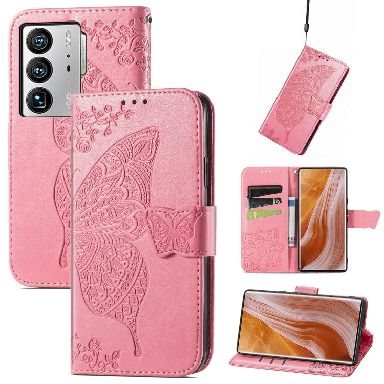 Pink embossed flip leather-style phone case with butterfly and flower details, wallet flap