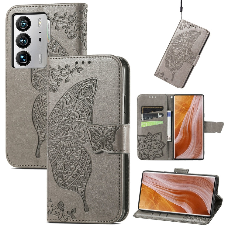 Gray embossed butterfly and flower flip leather phone case with magnetic wallet cover
