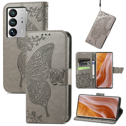 Gray embossed butterfly and flower flip leather phone case with magnetic wallet cover