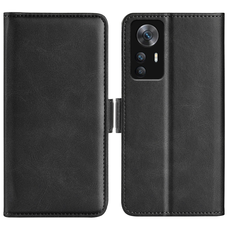Black leather wallet phone case with magnetic buckle, dual-side cover for a phone.