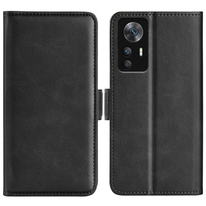 Black leather wallet phone case with magnetic buckle, dual-side cover for a phone.