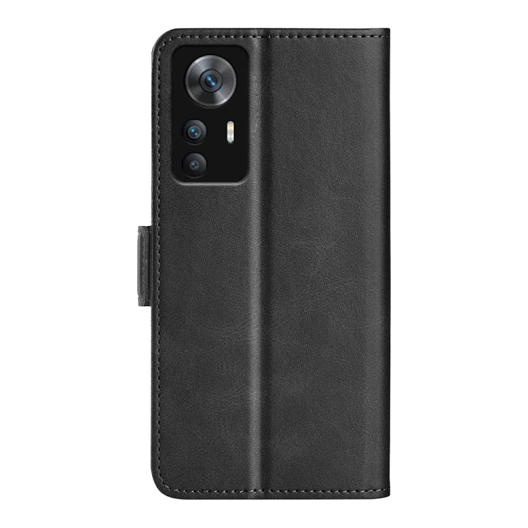 Black leather wallet phone case with magnetic buckle, phone camera cutout visible.