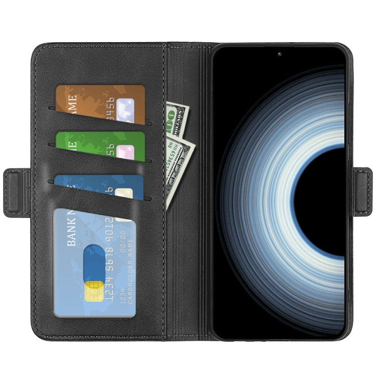 Black leather wallet phone case with card slots and magnetic buckle, open view.