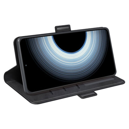 Black leather wallet phone case with magnetic buckle, kickstand support for viewing.
