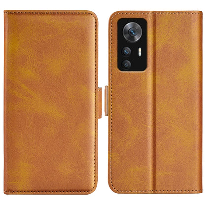 Tan/yellow leather wallet phone case with magnetic buckle, dual-side cover.