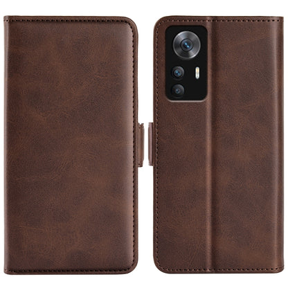 Brown leather wallet phone case with magnetic buckle, dual-side cover style.