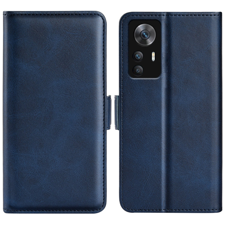 Dark blue leather wallet phone case with magnetic buckle, dual-side cover style.