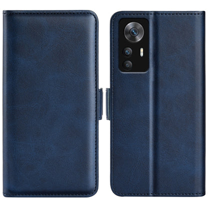 Dark blue leather wallet phone case with magnetic buckle, dual-side cover style.