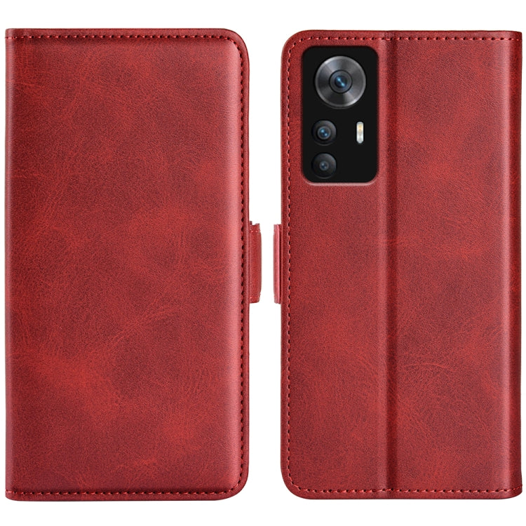 Red leather wallet phone case with magnetic buckle, dual-side cover style.
