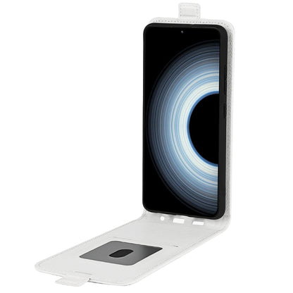 White vertical flip leather phone case opened, showing front cover and camera cutout
