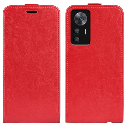 Red vertical flip leather phone case with speaker slot and camera cutout