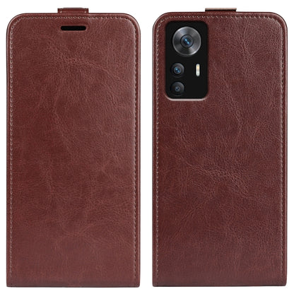Brown vertical flip leather phone case with speaker slot and camera cutout