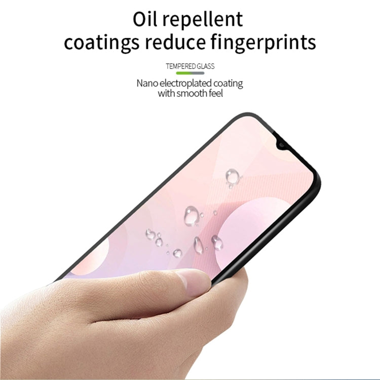 Tempered glass screen protector film on smartphone display, curved edge-to-edge coverage