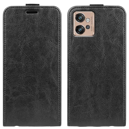 Black textured vertical flip leather phone case with camera cutout and strap closure.