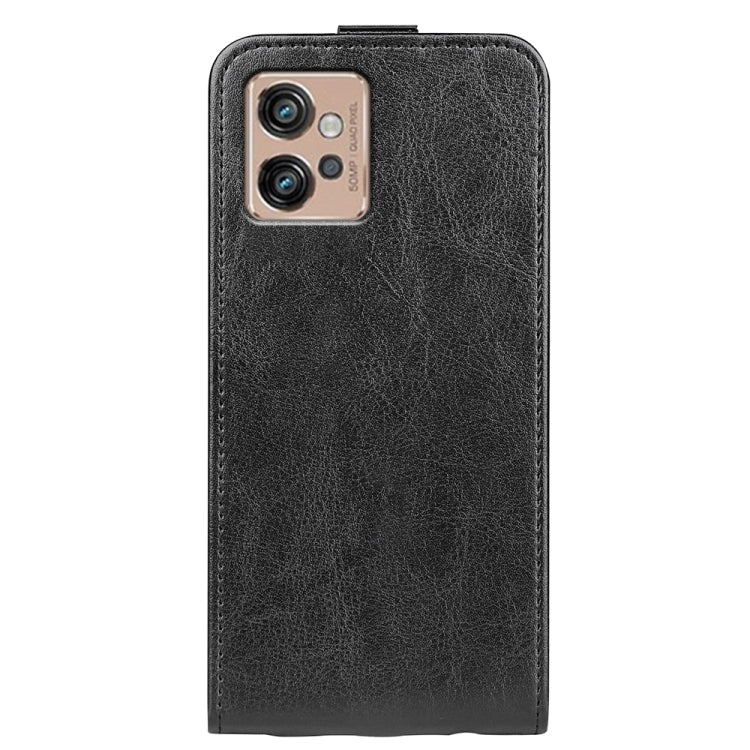 Black textured vertical flip leather phone case with visible dual camera opening.