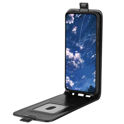 Black vertical flip leather phone case with window and built-in card pocket.