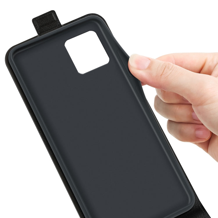 Black textured leather phone case back with camera cutout; hand holding case.