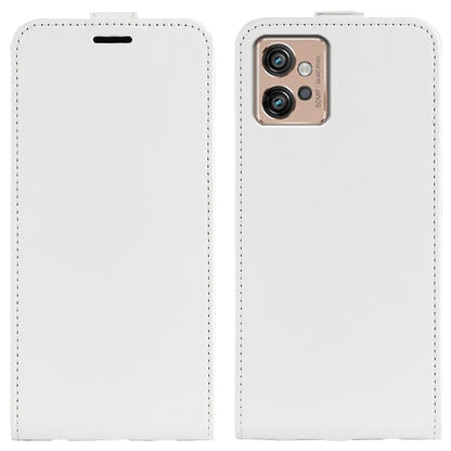 White textured vertical flip leather phone case with camera cutout and stitched edges.