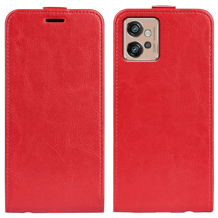 Red textured vertical flip leather phone case with camera cutout and strap closure.