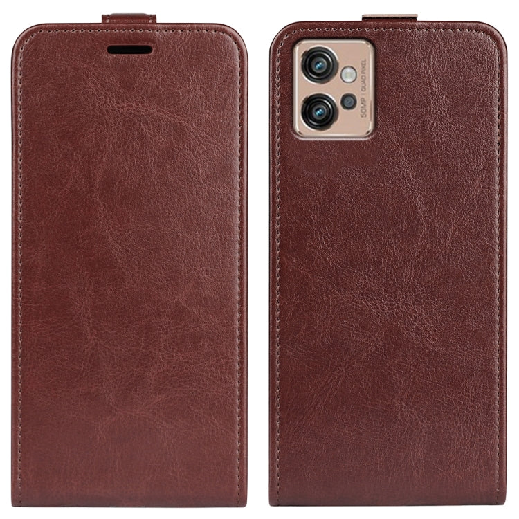 Brown textured vertical flip leather phone case with camera cutout and top strap.